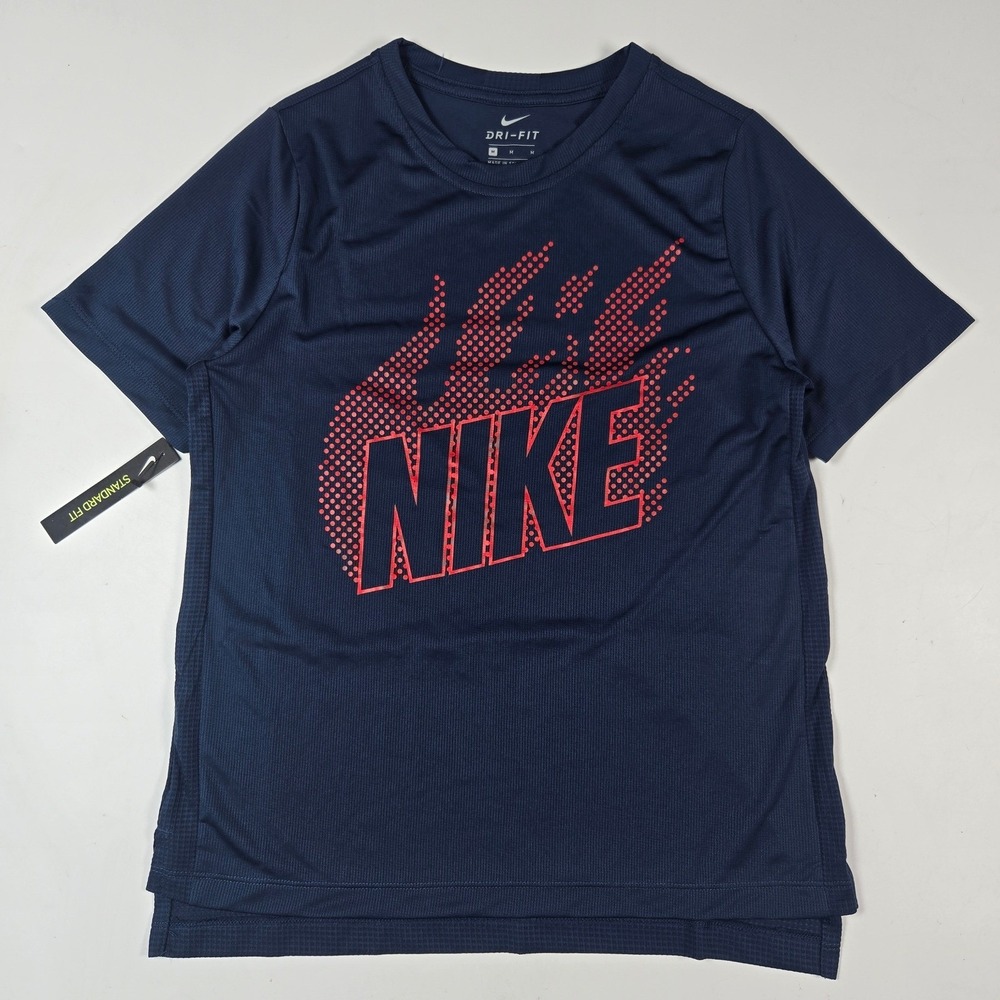 Nike Dri-FIT T-Shirt Kids Medium Navy Blue Red Graphic Logo Performance Tee